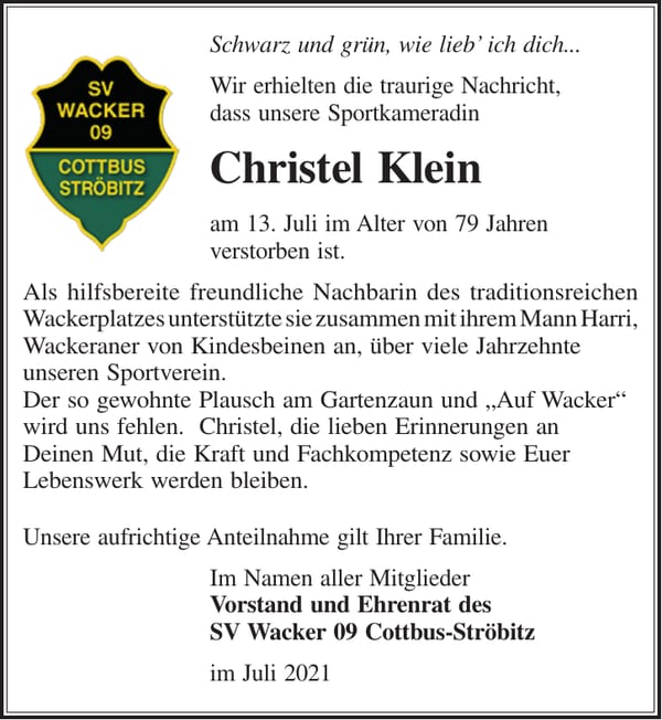 Traueranzeige Christel Klein