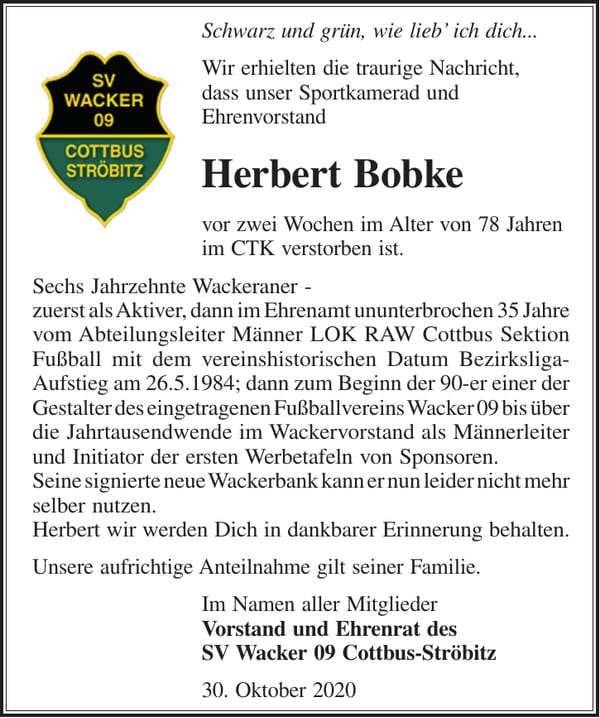 Traueranzeige Herbert Bobke