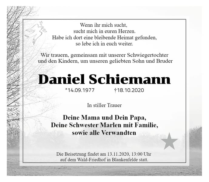 Traueranzeige Daniel Schiemann