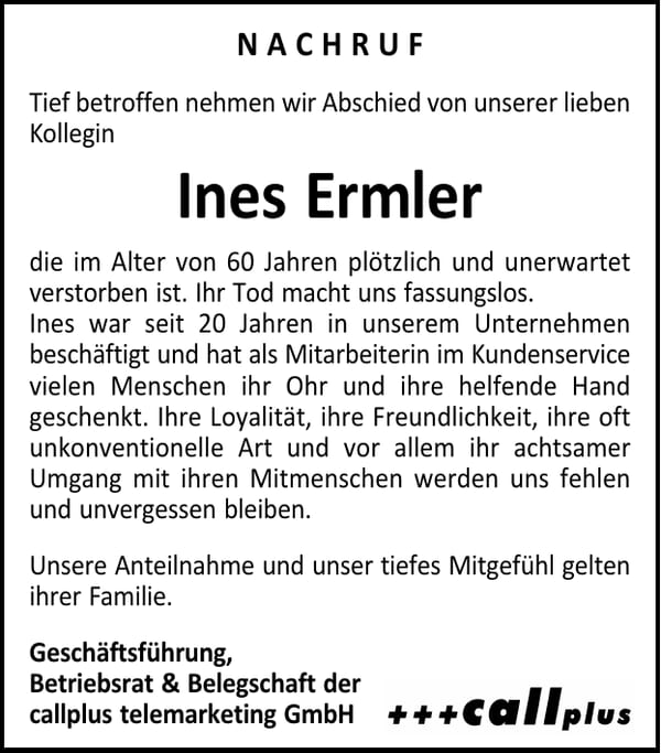 Nachruf Ines Ermler