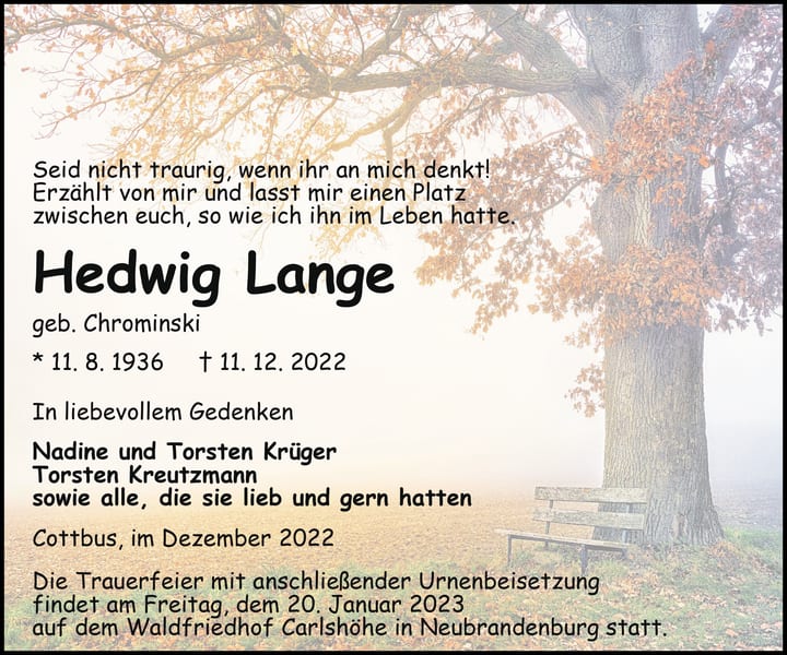 Traueranzeige Hedwig Lange, geb. Chrominski