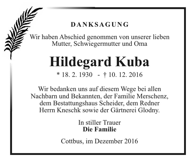 Danksagung Hildegard Kuba