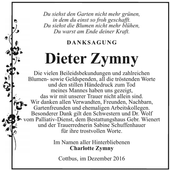Danksagung Dieter Zymny