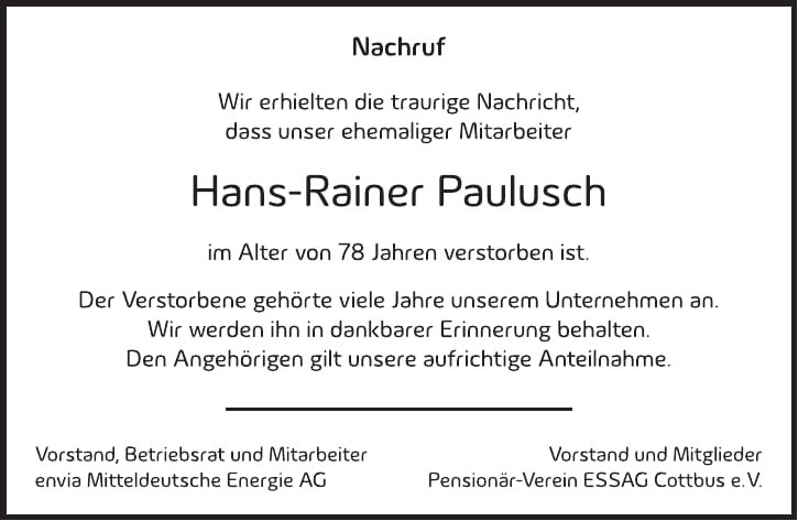 Traueranzeige Hans-Rainer Paulusch