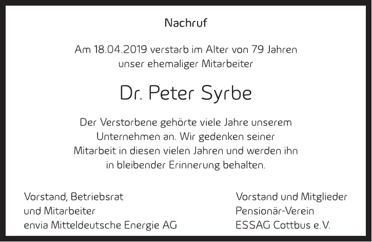 Traueranzeige Dr. Peter Syrbe