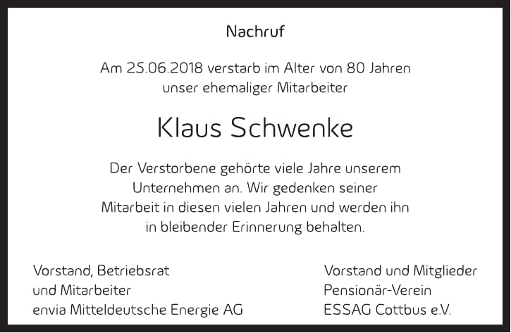 Nachruf Klaus Schwenke