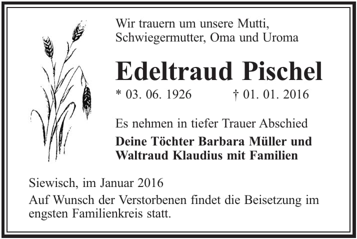 Traueranzeige Edeltraud Pischel