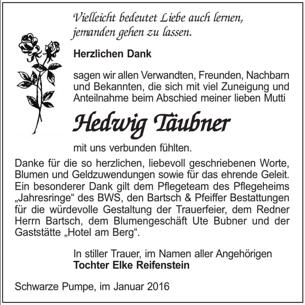 Danksagung Hedwig Täubner