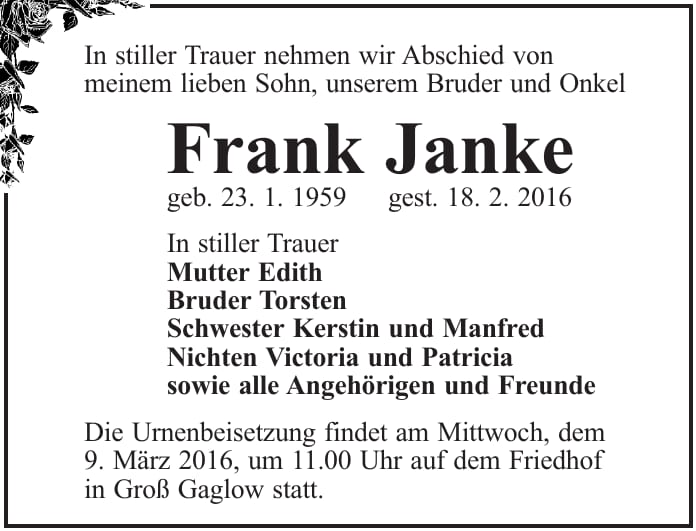 Traueranzeige Frank Janke