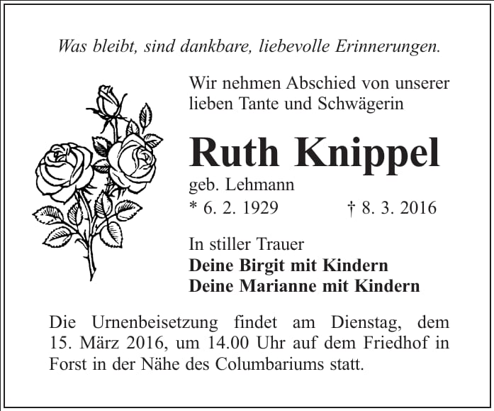 Traueranzeige Ruth Knippel, geb. Lehmann