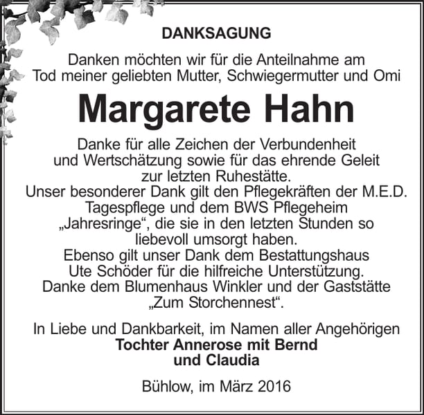 Danksagung Margarete Hahn
