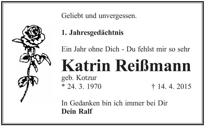 Jahresgedenken Katrin Reißmann, geb. Kotzur