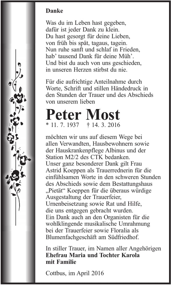 Danksagung Peter Most