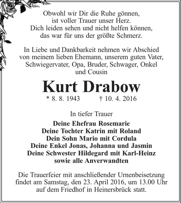 Traueranzeige Kurt Drabow