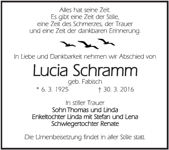 Traueranzeige Lucia Schramm, geb. Fabisch