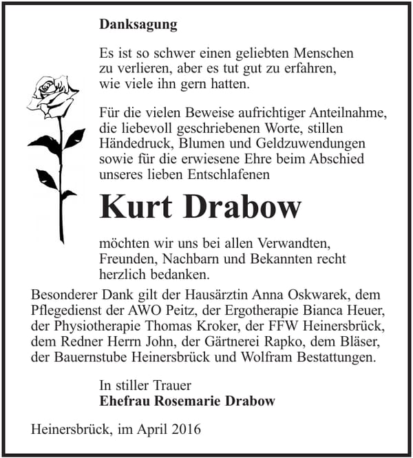 Danksagung Kurt Drabow