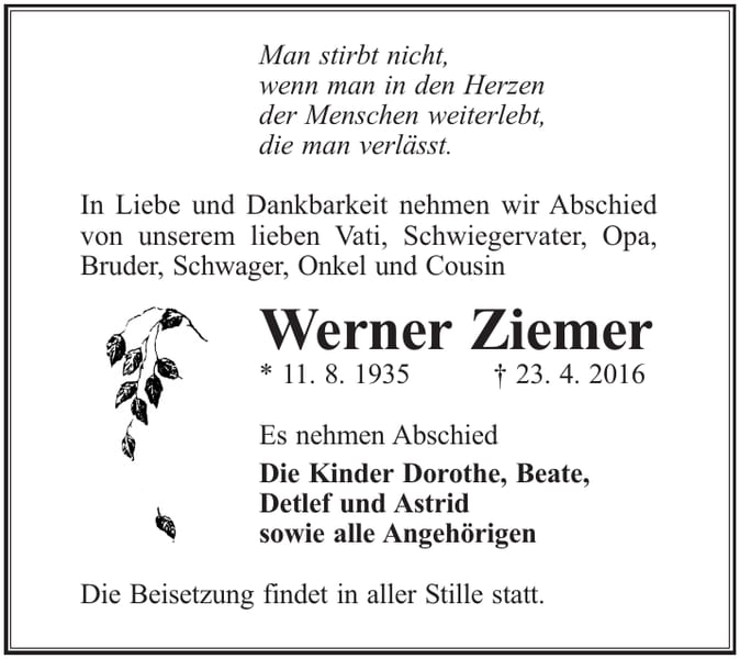 Traueranzeige Werner Ziemer