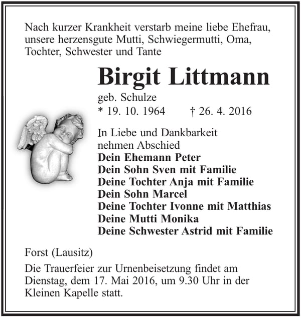 Traueranzeige Birgit Littmann, geb. Schulze