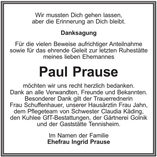 Danksagung Paul Prause
