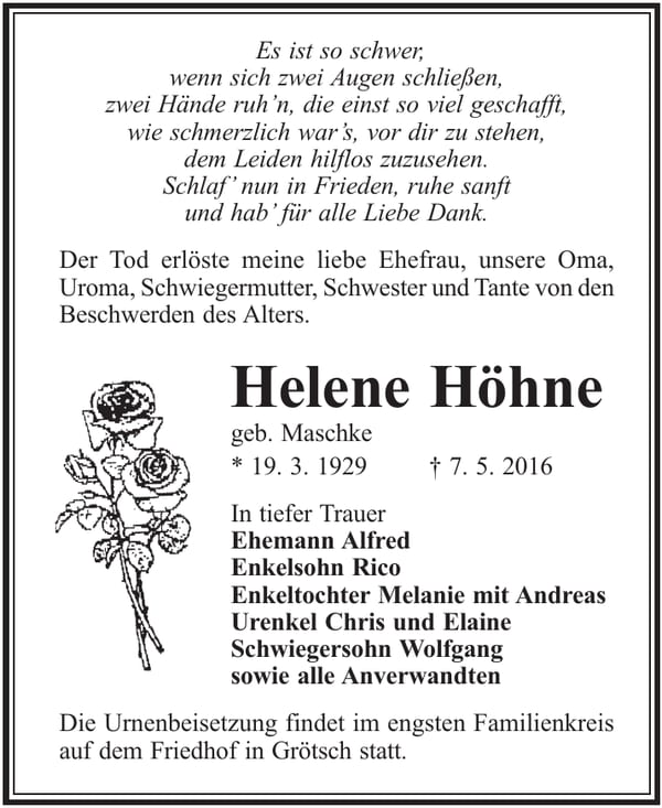 Traueranzeige Helene Höhne, geb. Maschke