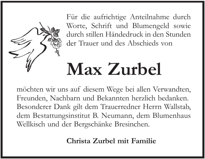 Danksagung Max Zurbel