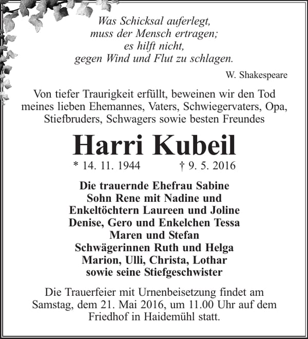 Traueranzeige Harri Kubeil
