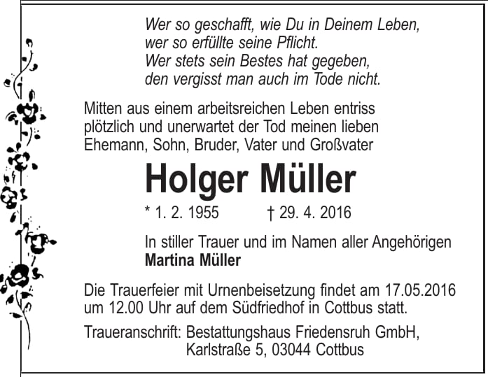Traueranzeige Holger Müller