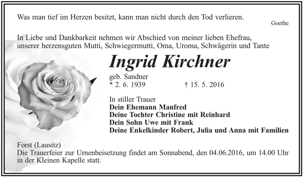 Traueranzeige Ingrid Kirchner, geb. Sandner