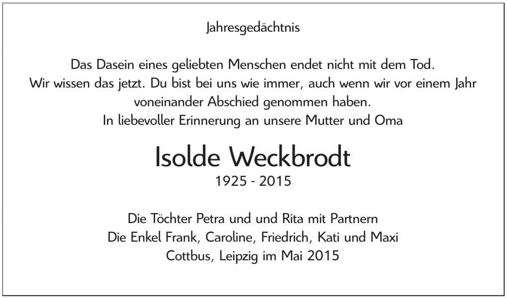 Jahresgedenken Isolde Weckbrodt