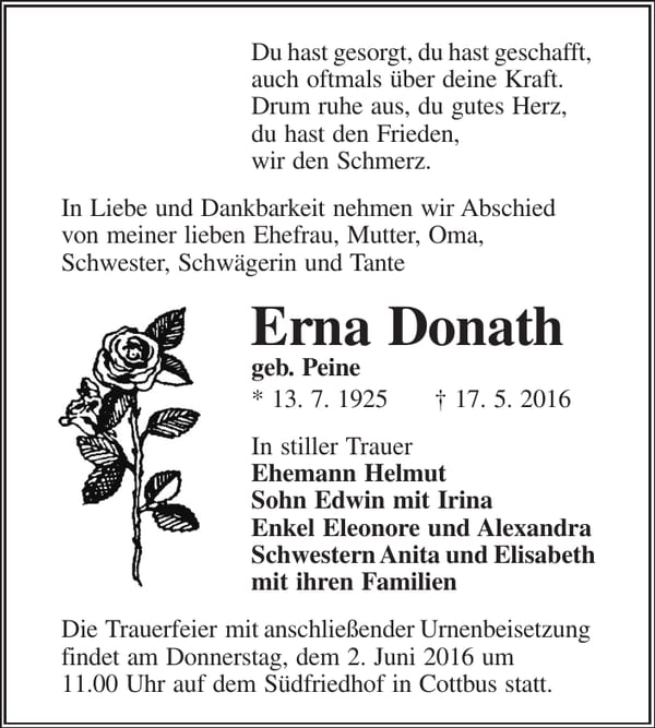 Traueranzeige Erna Donath, geb. Peine