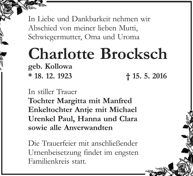 Traueranzeige Charlotte Brocksch, geb. Kollowa