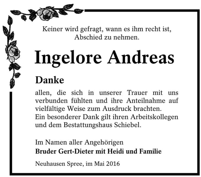 Danksagung Ingelore Andreas