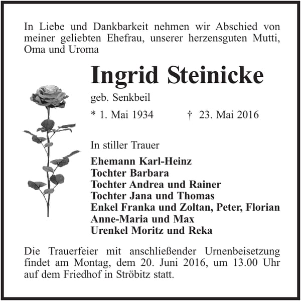 Traueranzeige Ingrid Steinicke, geb. Senkbeil