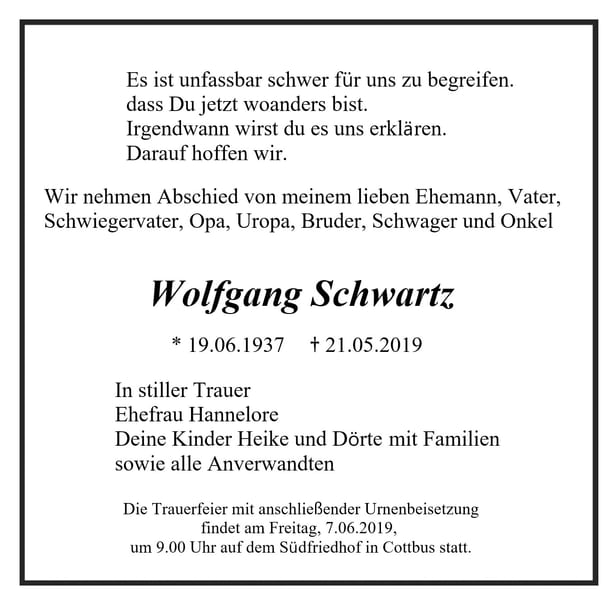 Traueranzeige Wolfgang Schwartz