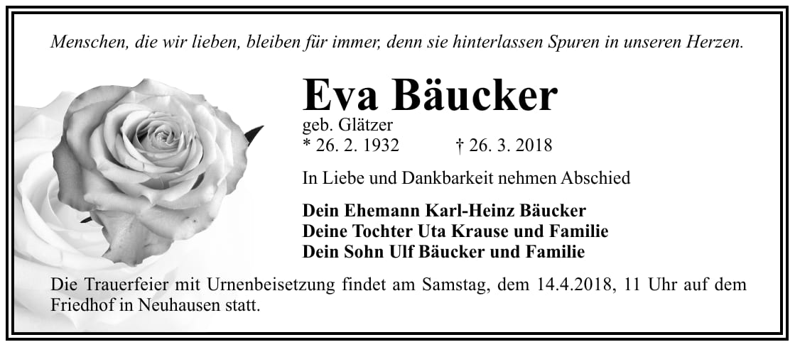 Traueranzeige Eva Bäucker, geb. Glätzer