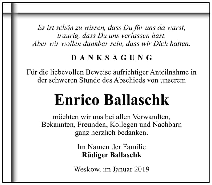 Traueranzeige Enrico Ballaschk