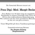 Traueranzeige Frau Dipl.-Med.Margit Becker