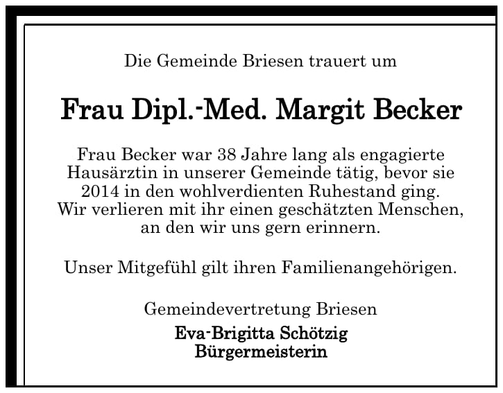 Traueranzeige Frau Dipl.-Med.Margit Becker