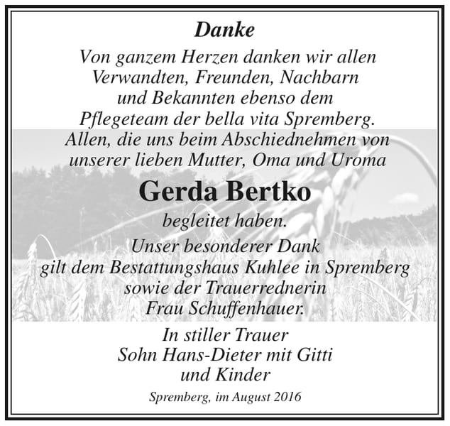 Danksagung Gerda Bertko