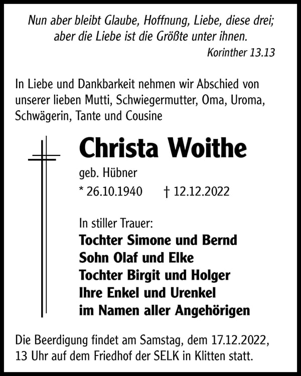 Traueranzeige Christa Woithe, geb. Hübner