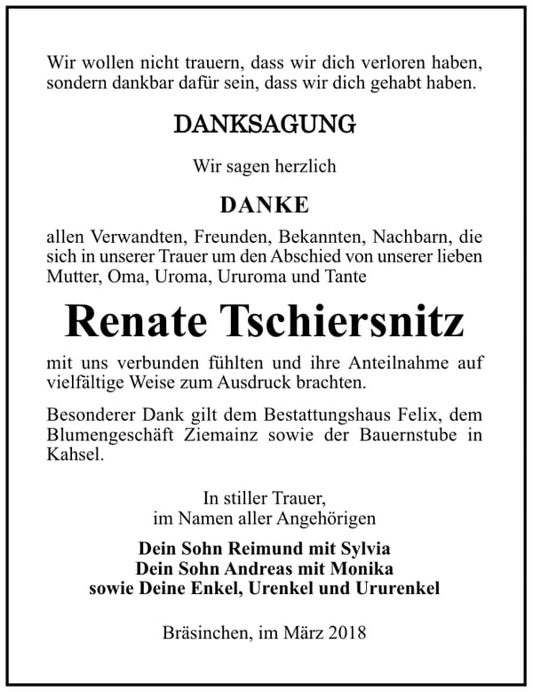 Danksagung Renate Tschiersnitz