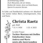 Traueranzeige Christa Raetz, geb. Wolf