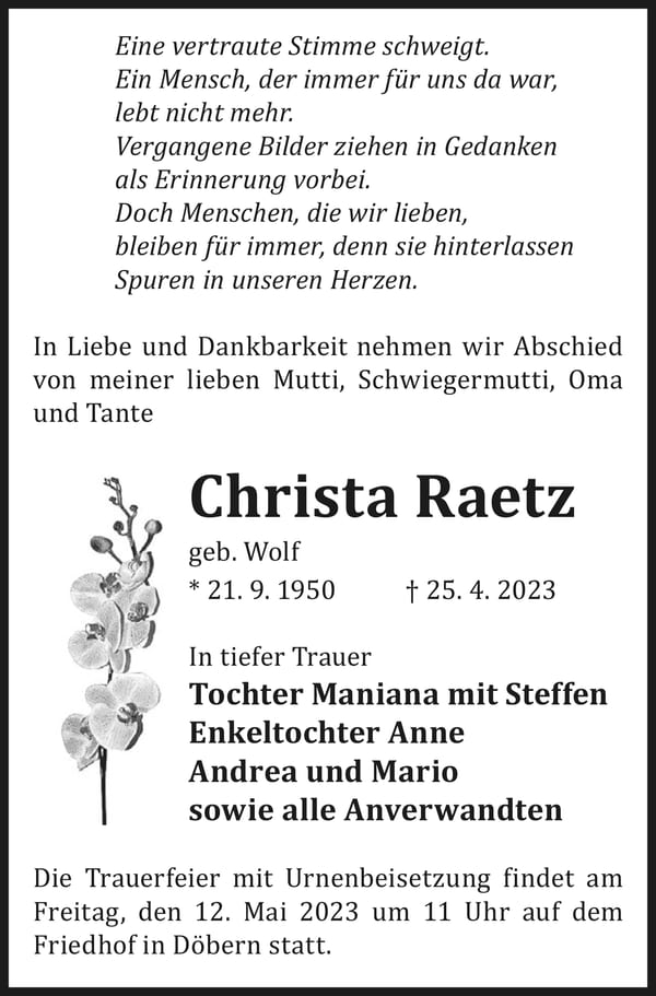 Traueranzeige Christa Raetz, geb. Wolf