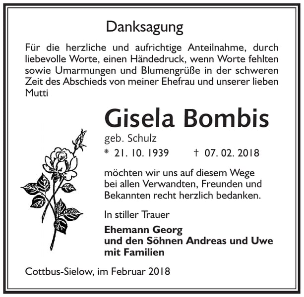 Danksagung Gisela Bombis, geb. Schulz
