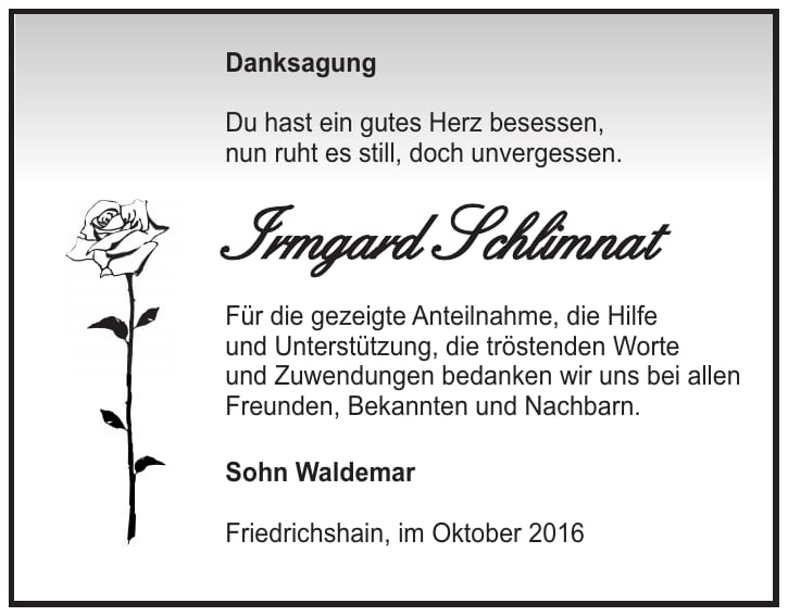 Danksagung Irmgard Schlimnat