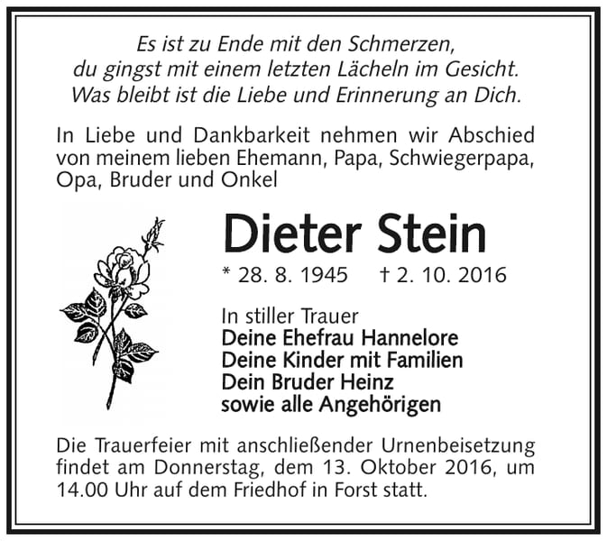 Traueranzeige Dieter Stein