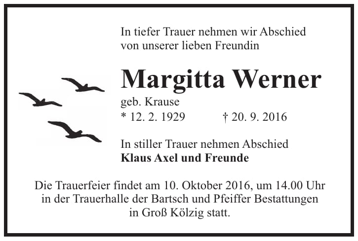 Traueranzeige Margitta Werner, geb. Krause