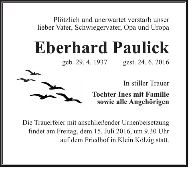 Traueranzeige Eberhard Paulick