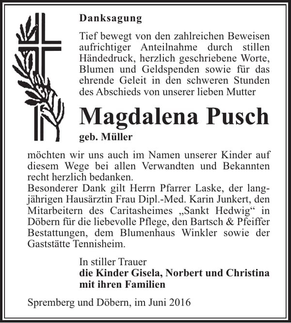 Danksagung Magdalena Pusch, geb. Müller