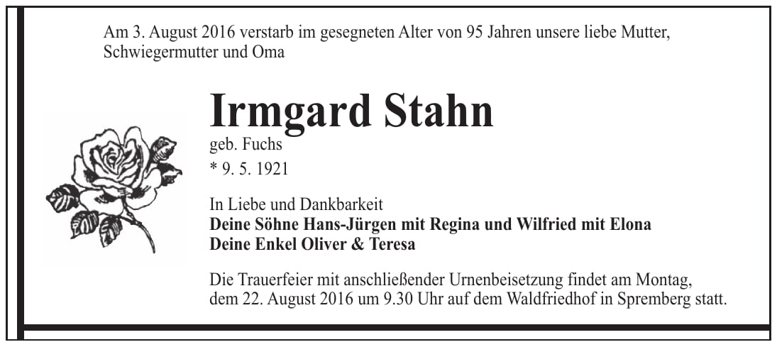Traueranzeige Irmgard Stahn, geb. Fuchs